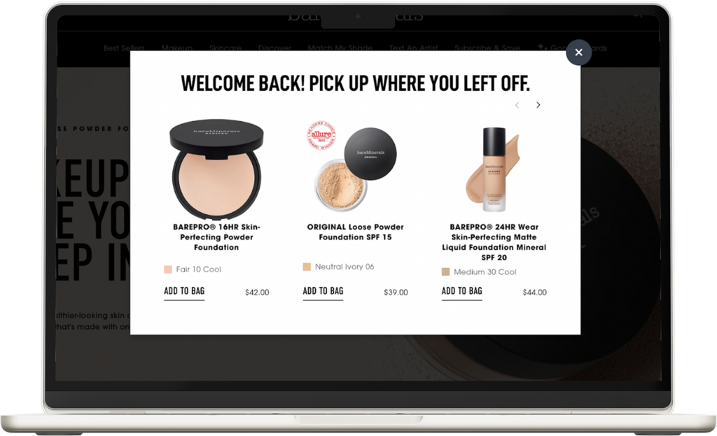 Include a 'pick up where you left off' product recommendation pop-up