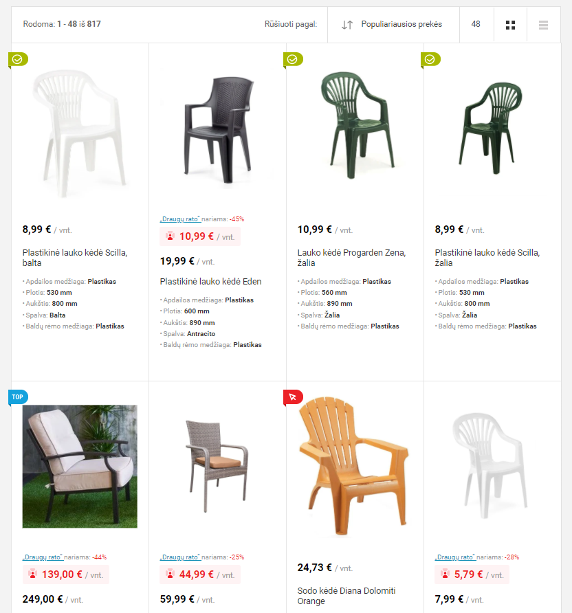 Properly merchandised relevant results from our client Senukai.lt for a query “lawn chair”